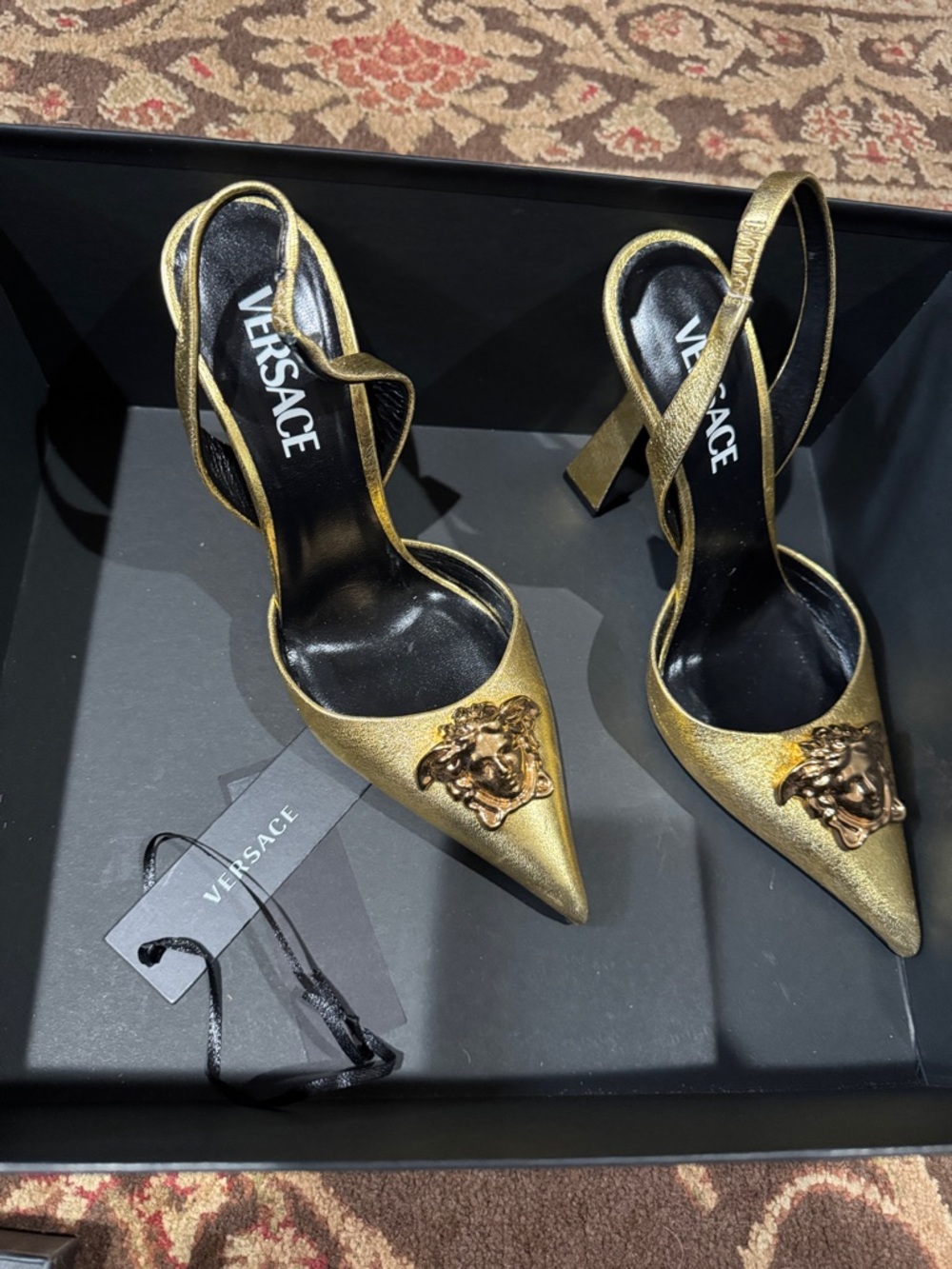 Versace Metallic Gold Medusa Pointed Slingback Heels